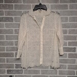 Shiatzy Chen Womens Ivory Floral Lace Button Down Top Blouse Size 8
